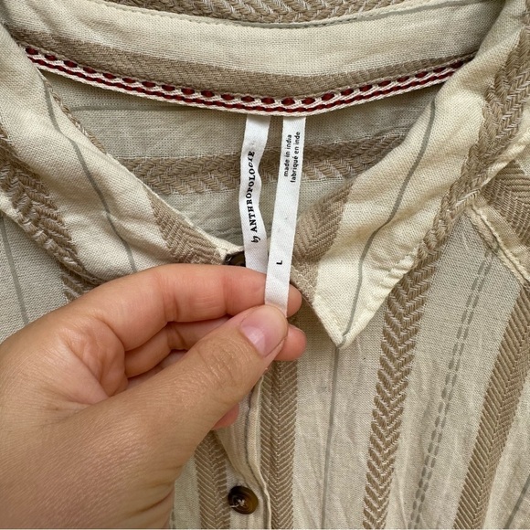 Anthropologie large vertical stripe cream tan tunic high low button down split - Picture 3 of 5